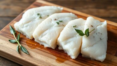 Postas de bacalhau perfeitamente cozidas, com lascas macias e brilhantes, prontas para ir ao forno.