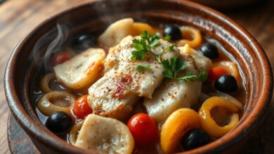 Bacalhau em lascas refogado com batatas em rodelas douradas, cebola transparente, rodelas de tomate e azeitonas pretas, finalizado com cheiro-verde fresco, servido em panela de barro rústica.