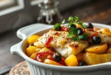 Travessa de bacalhoada dourada e fumegante, com camadas generosas de bacalhau, batatas, cebola caramelizada e azeitonas.