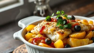 Travessa de bacalhoada dourada e fumegante, com camadas generosas de bacalhau, batatas, cebola caramelizada e azeitonas.