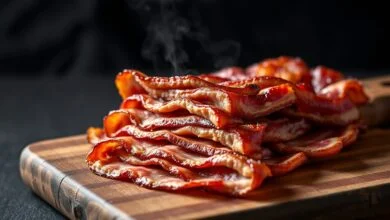 Fatias grossas de bacon artesanal defumado, com bordas douradas e parte central rosada, sobre tábua de madeira rústica.