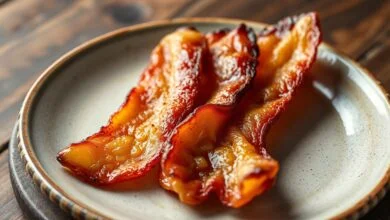 Fatias douradas e crocantes de bacon paleta (mais magro) e manta (mais gorduroso) lado a lado em um prato rústico.