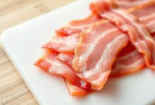 Fatias de bacon com cor rosada uniforme e textura firme, prontas para ir à frigideira.