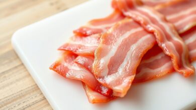 Fatias de bacon com cor rosada uniforme e textura firme, prontas para ir à frigideira.