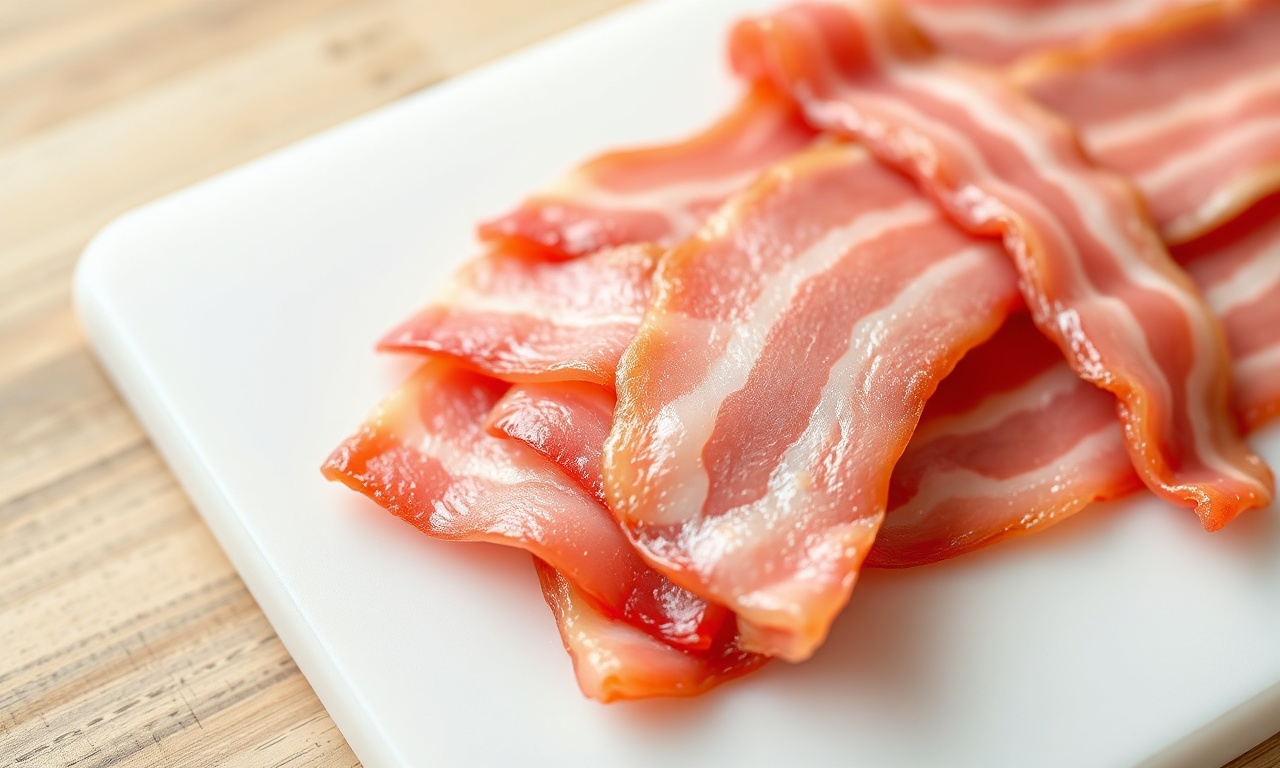 Como Descongelar Bacon: 3 Métodos Rápidos E Seguros 3 Fatias de bacon com cor rosada uniforme e textura firme, prontas para ir à frigideira.