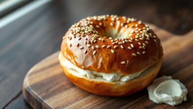 Bagel dourado com casca brilhante e sementes, aberto mostrando o miolo elástico, servido com cream cheese.