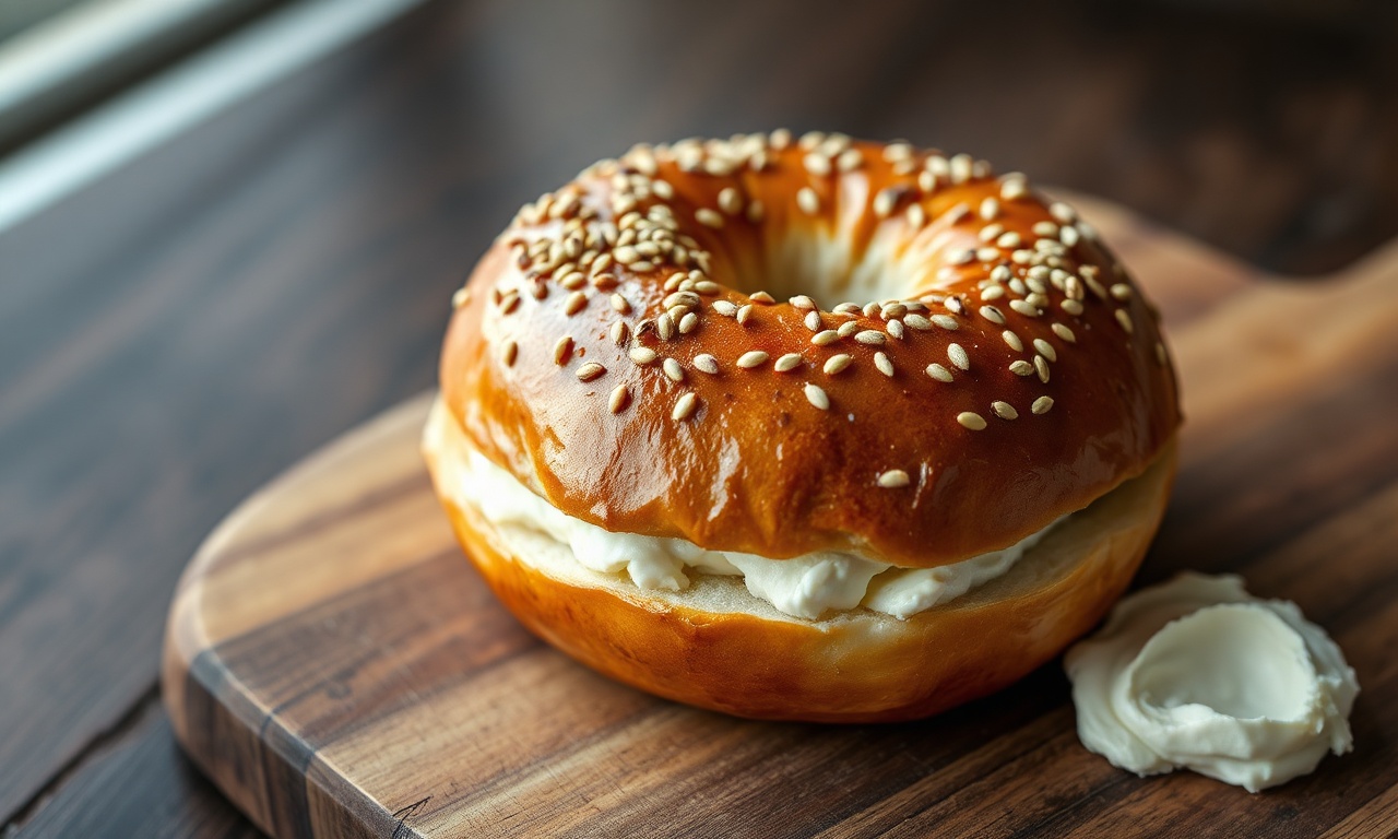 Bagel dourado com casca brilhante e sementes, aberto mostrando o miolo elástico, servido com cream cheese.