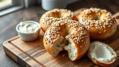Bagels dourados, redondos, com casca levemente firme coberta de gergelim, miolo macio visível em um deles cortado ao meio.