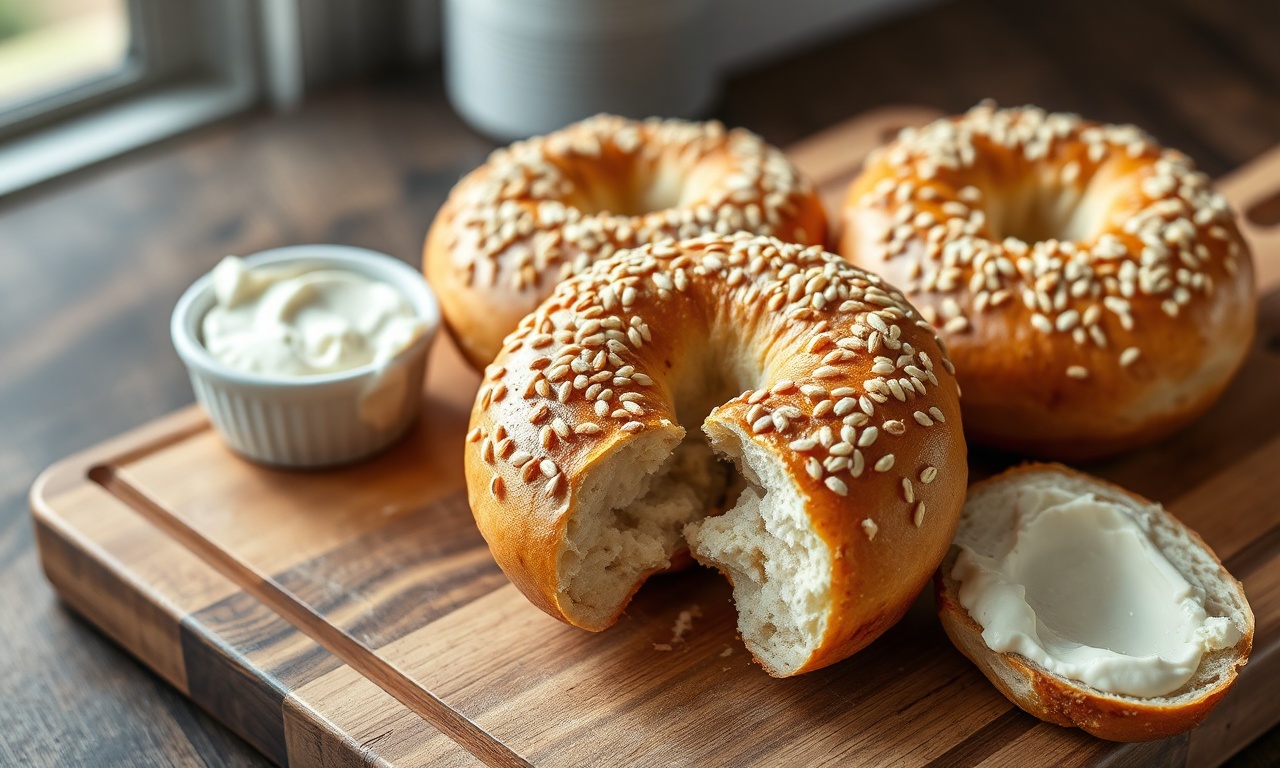 Bagels dourados, redondos, com casca levemente firme coberta de gergelim, miolo macio visível em um deles cortado ao meio.