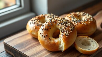Quatro mini bagels dourados com casca brilhante e cobertos de sementes, prontos para o café da manhã.