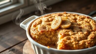 Baked oats dourado, fofinho e úmido, servido em uma travessa de cerâmica clara, com um pedaço retirado revelando a textura macia de bolo por dentro, polvilhado levemente com canela.