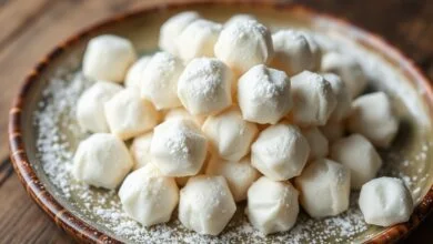 Balas de coco macias e brancas, cobertas por uma fina casquinha de açúcar, prontas para servir.