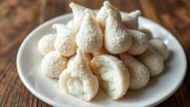 Balas de coco gelada em formato de gota, com casca de açúcar cristal cintilante e interior macio e branco, arrumadas em um prato.