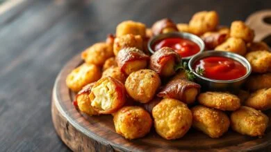 Uma apetitosa bandeja de petiscos de mandioca dourados, com bolinhas crocantes, medalhões envoltos em bacon e um molho à parte.