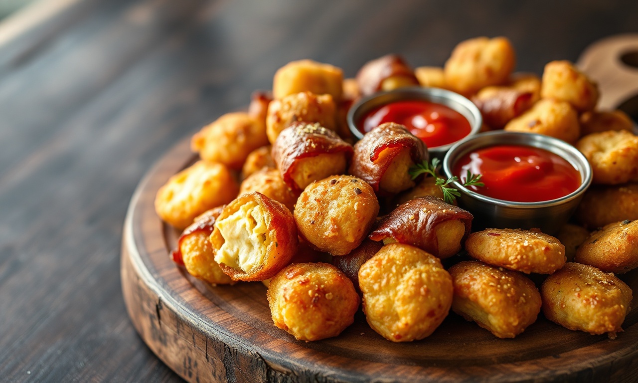 Petiscos De Mandioca: 7 Ideias Fáceis E Crocantes 3 Uma apetitosa bandeja de petiscos de mandioca dourados, com bolinhas crocantes, medalhões envoltos em bacon e um molho à parte.