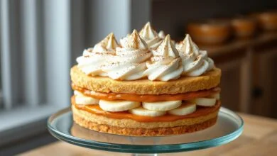 Torta banoffee inteira com camadas visíveis e topo de chantilly decorado
