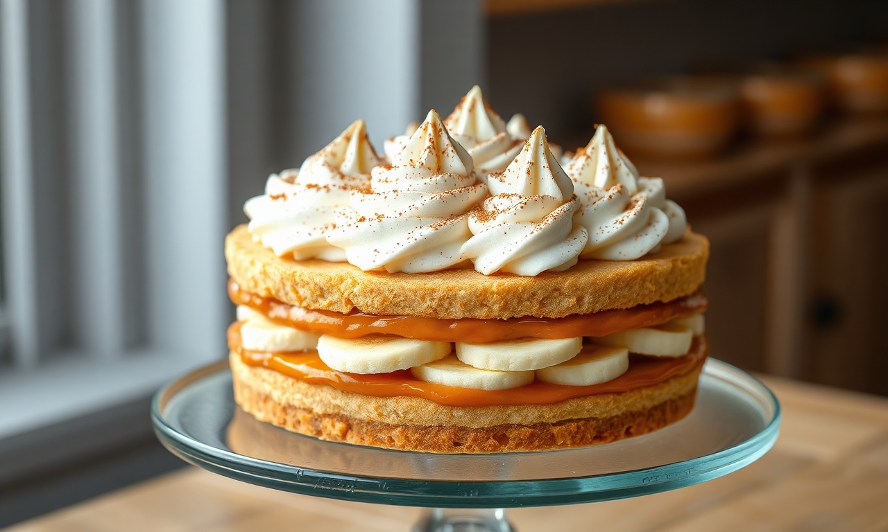 Banoffee Perfeita: Receita Estruturada E Muito Cremosa 3 Torta banoffee inteira com camadas visíveis e topo de chantilly decorado