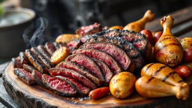Tábua rústica com diversos cortes de carne fatiados e acompanhamentos