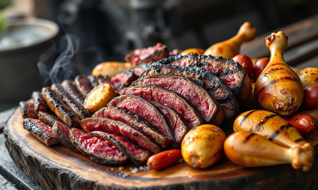 Tábua rústica com diversos cortes de carne fatiados e acompanhamentos
