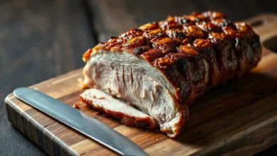 Barriga de porco assada com pele dourada e estourada, fatiada sobre tábua de madeira, mostrando a camada de carne macia por baixo da crosta crocante.