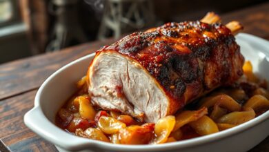 Barriga De Porco Para Fritar: Pele Crocante E Carne Macia 7 Fatias generosas de barriga de porco com pele dourada e estaladiça, carne macia e suculenta, sobre cebolas caramelizadas.