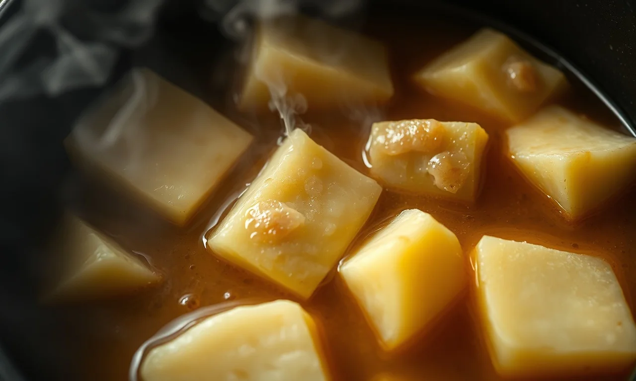 Close-up de batatas cruas dentro de um caldo de frango, realizando a osmose.