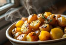 Tigela de batatas bolinhas douradas e crocantes, com pedacinhos de alho e orégano, prontas para servir.