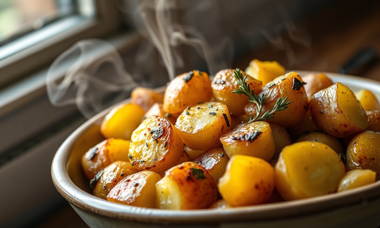 Tigela de batatas bolinhas douradas e crocantes, com pedacinhos de alho e orégano, prontas para servir.
