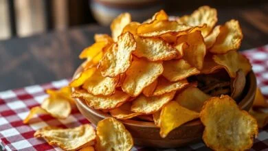 Travessa recheada de batatas chips douradas e estalando, prontas para servir.