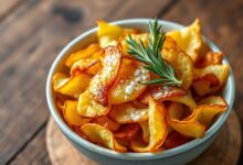 Tigela de batatas chips douradas e estaladiças, perfeitas para um lanche rápido e saudável.