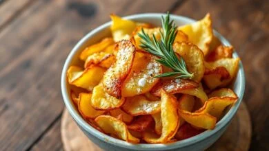 Tigela de batatas chips douradas e estaladiças, perfeitas para um lanche rápido e saudável.