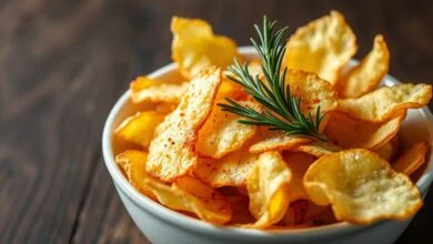 Porção generosa de lascas de batata douradas, finas e crocantes, servidas em tigela de cerâmica branca com salpicos de páprica e folhas de alecrim ao lado.