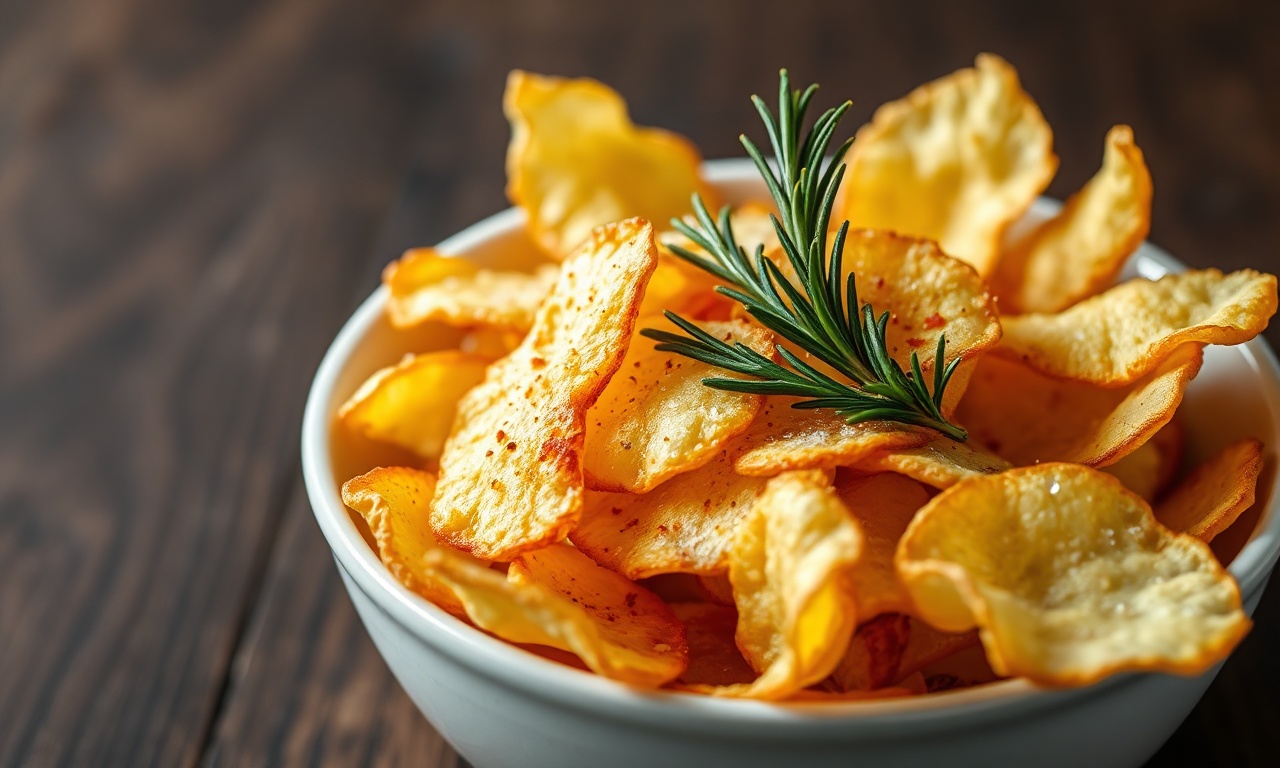 Porção generosa de lascas de batata douradas, finas e crocantes, servidas em tigela de cerâmica branca com salpicos de páprica e folhas de alecrim ao lado.