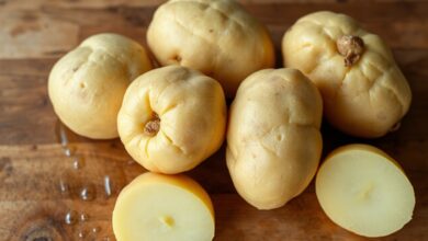 Batatas inteiras com casca, cozidas e resfriadas, prontas para o processo de congelamento.