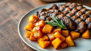 Cubos de batata doce dourados e crocantes ao lado de fatias de carne grelhada, criando um prato colorido e apetitoso.