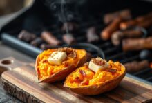 Batata doce aberta ao meio com polpa macia e cobertura caramelizada dourada, pronta para servir.