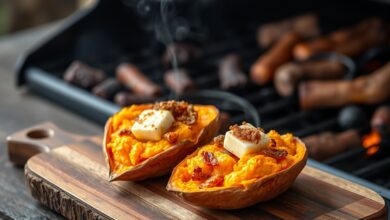 Batata doce aberta ao meio com polpa macia e cobertura caramelizada dourada, pronta para servir.
