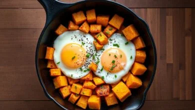 Cubos de batata doce dourados e crocantes com dois ovos fritos sobrepostos, gemas líquidas e vibrantes, salpicados com pimenta-do-reino e cebolinha.