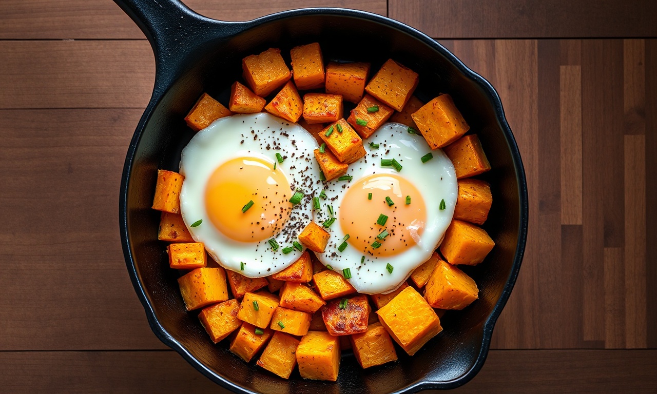 Cubos de batata doce dourados e crocantes com dois ovos fritos sobrepostos, gemas líquidas e vibrantes, salpicados com pimenta-do-reino e cebolinha.