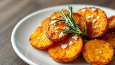 Fatias douradas de batata doce com bordas crocantes e interior macio, prontas para servir.