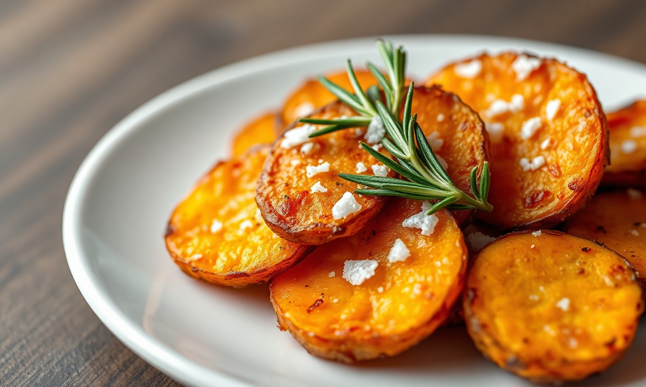 Fatias douradas de batata doce com bordas crocantes e interior macio, prontas para servir.