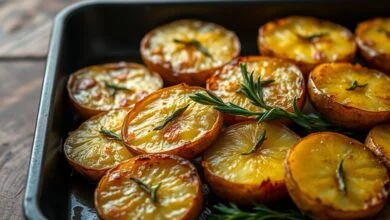 Batatas assadas com a superfície dourada e vitrificada, impressões de alecrim visíveis, azeitonas e um fio de azeite ao lado.