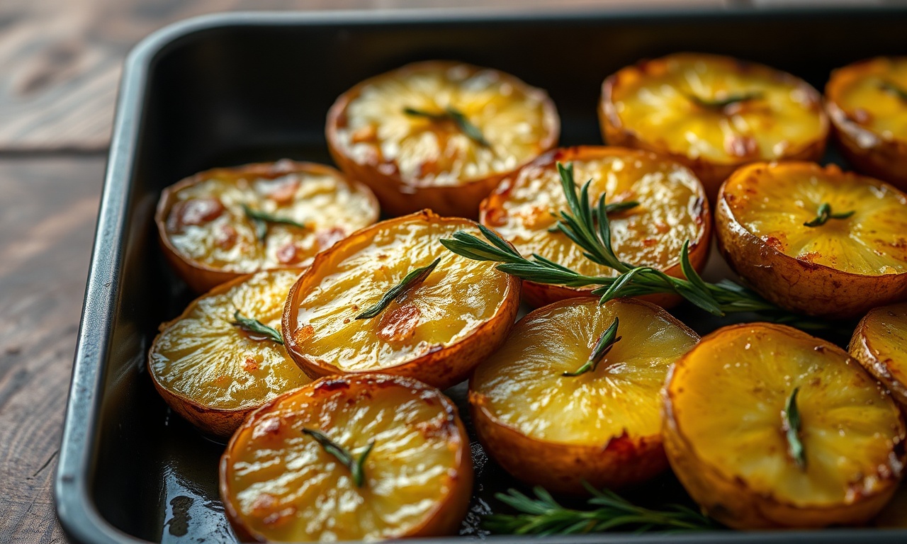 Batatas assadas com a superfície dourada e vitrificada, impressões de alecrim visíveis, azeitonas e um fio de azeite ao lado.