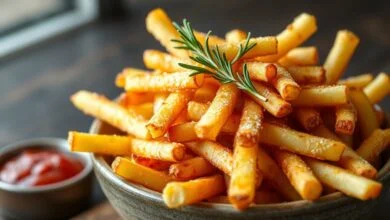 Porção de palitos de batata dourados, com crosta seca e estaladiça, servida em um prato rústico.