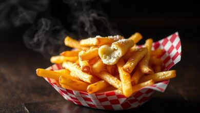 Cesto de papel com batatas fritas douradas, crocantes e salpicadas de sal, prontas para servir.