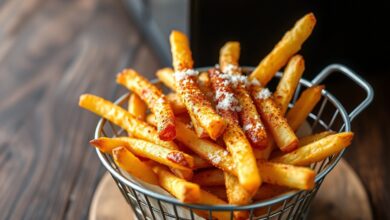 Palitos de batata dourados, crocantes e temperados com páprica