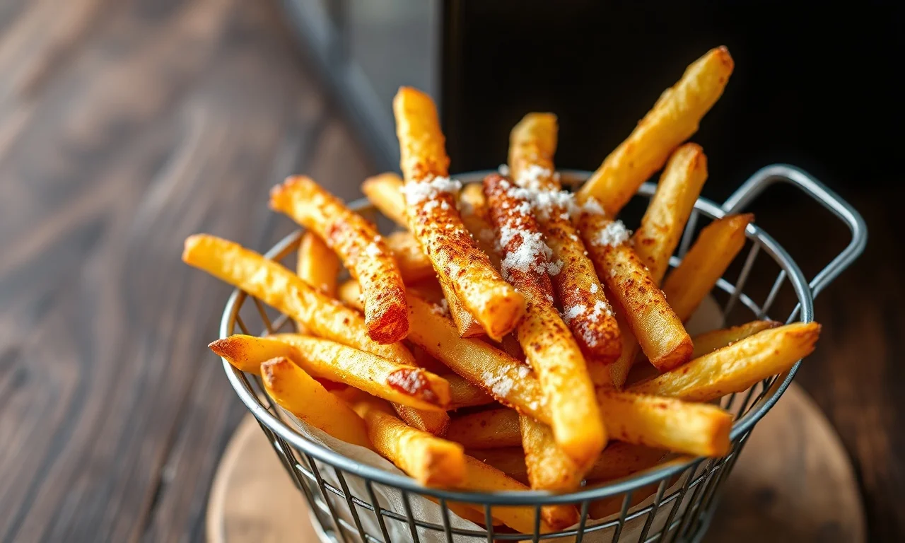 Palitos de batata dourados, crocantes e temperados com páprica