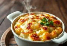Refratário de batata gratinada com camadas douradas de queijo derretido, borbulhante e apetitosa.