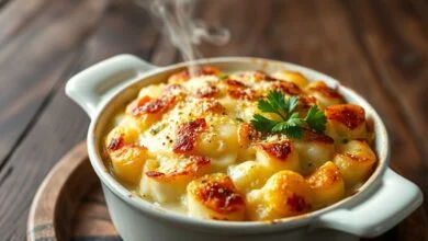 Refratário de batata gratinada com camadas douradas de queijo derretido, borbulhante e apetitosa.