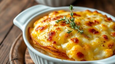 Travessa de batata gratinada com camadas douradas, muçarela derretida borbulhante e bordas caramelizadas, pronta para servir.